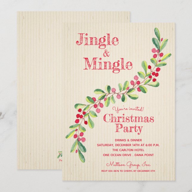 Watercolor Berries Greenery Swag Christmas Invite (Front/Back)