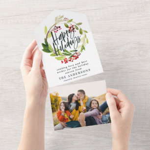 Watercolor Berries Greenery Wreath Happy Holidays All In One Invitation