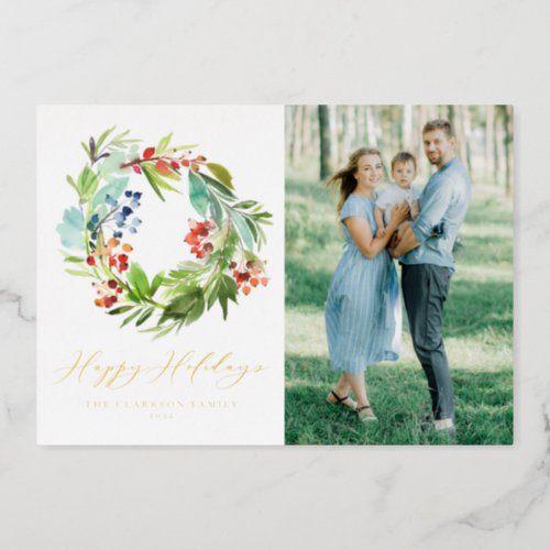 Watercolor Berries Greenery Wreath Happy Holidays Foil Holiday Card