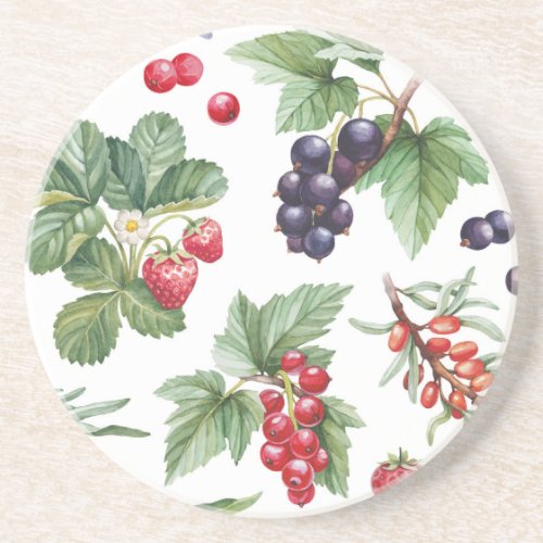 Watercolor Berries Illustration Seamless Pattern Coaster