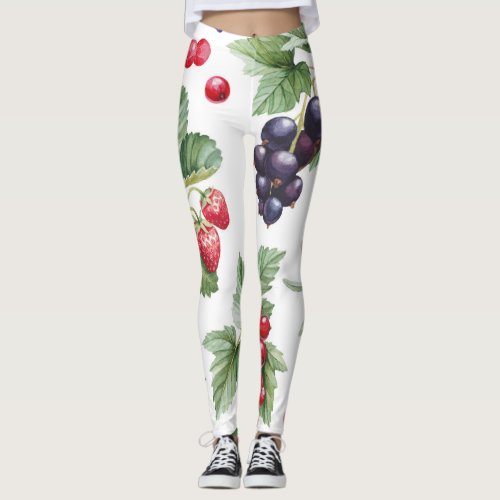 Watercolor Berries Illustration Seamless Pattern Leggings