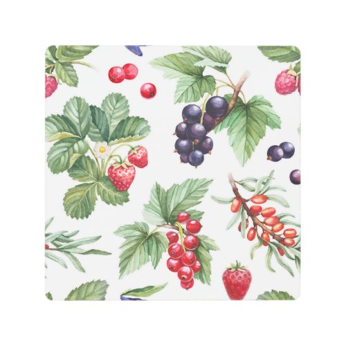 Watercolor Berries Illustration Seamless Pattern Metal Print