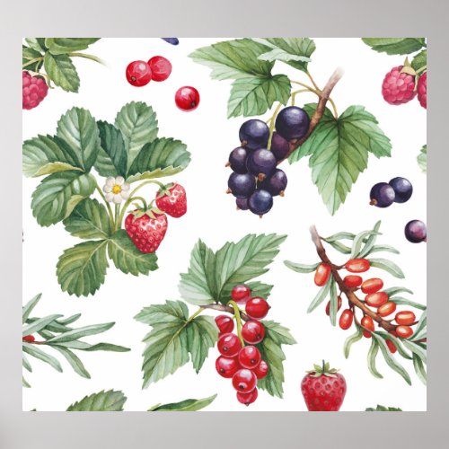 Watercolor Berries Illustration Seamless Pattern Poster
