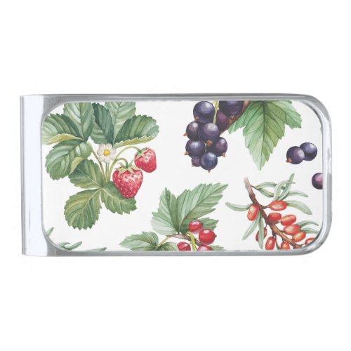 Watercolor Berries Illustration Seamless Pattern Silver Finish Money Clip