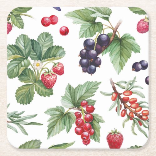 Watercolor Berries Illustration Seamless Pattern Square Paper Coaster