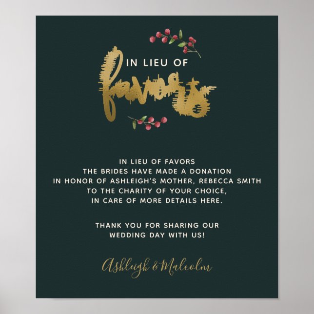 Watercolor Berries In Lieu Of Favors Wedding Sign (Front)