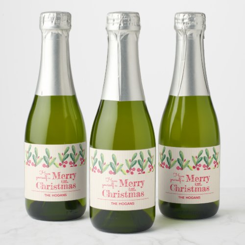 Watercolor Berries Leaves Christmas Holiday Mini Sparkling Wine Label