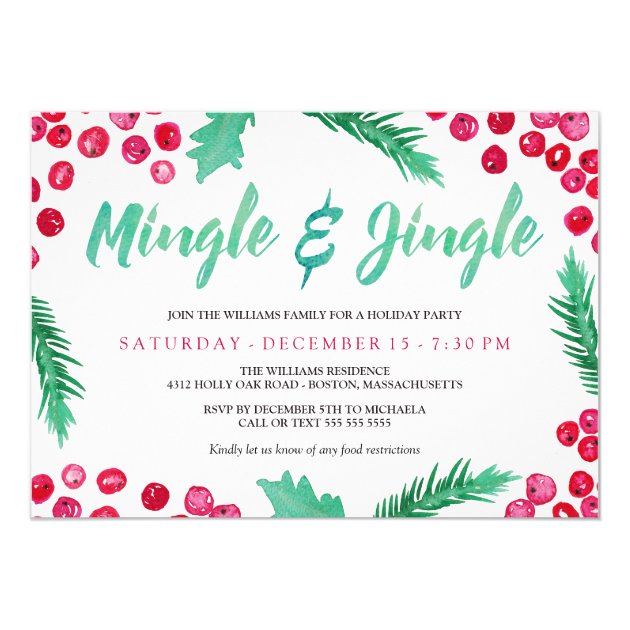 Watercolor Berries Mingle & Jingle Holiday Party Invitation