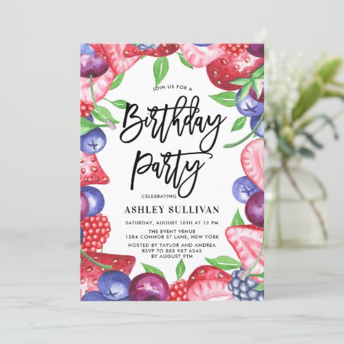 Watercolor Berries Summer Birthday Party Invitation