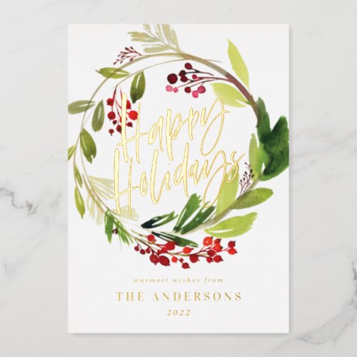 Watercolor Berries Wreath happy Holidays Foil Holiday Card