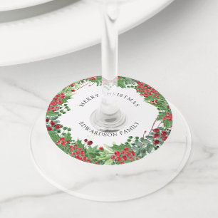 Watercolor berries wreath Merry Christmas family Wine Glass Tag