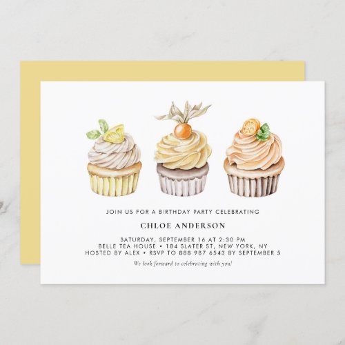 Watercolor Berry and Citrus Cupcakes Birthday Invitation