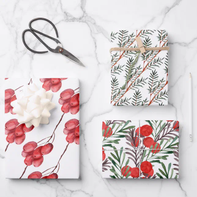 Watercolor Berry and Greenery Leaves Holiday Wrapping Paper Sheets | Zazzle