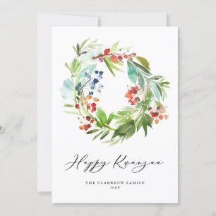 Watercolor Berry and Greenery Wreath Happy Kwanzaa Holiday Card