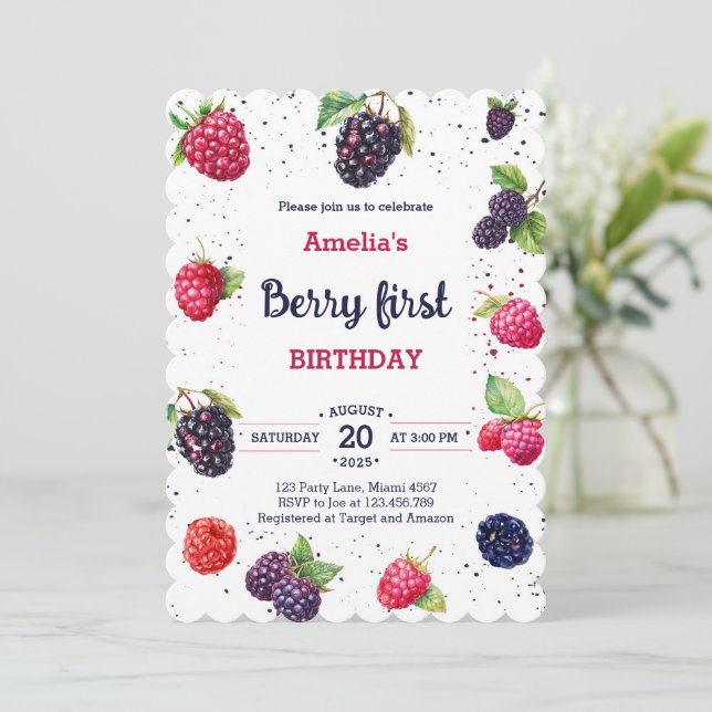 Watercolor Berry Blackberry Raspberry Birthday Invitation (Standing Front)