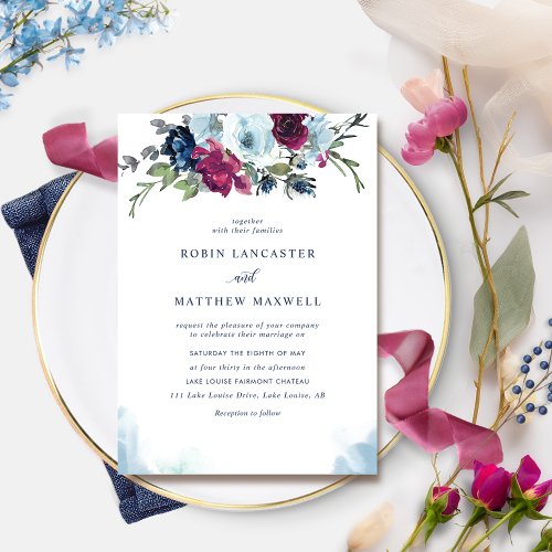 Watercolor Berry Blue Burgundy Floral Wedding Invi Invitation