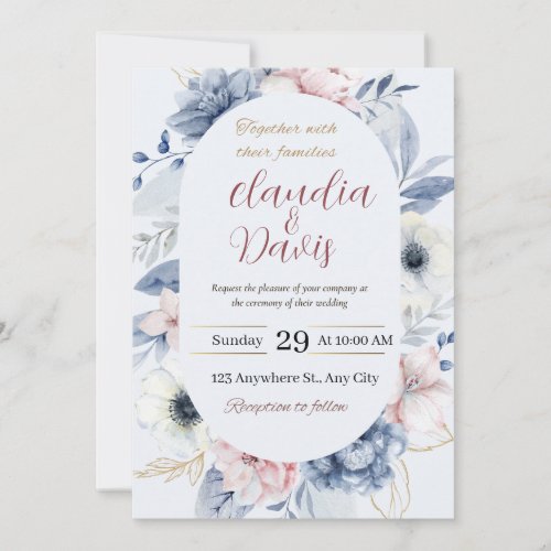 Watercolor Berry Blue Burgundy Floral Wedding  Invitation