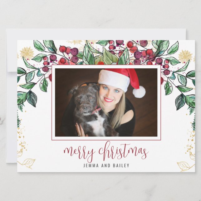 Watercolor Berry Evergreen Holiday Photo Card (Front)
