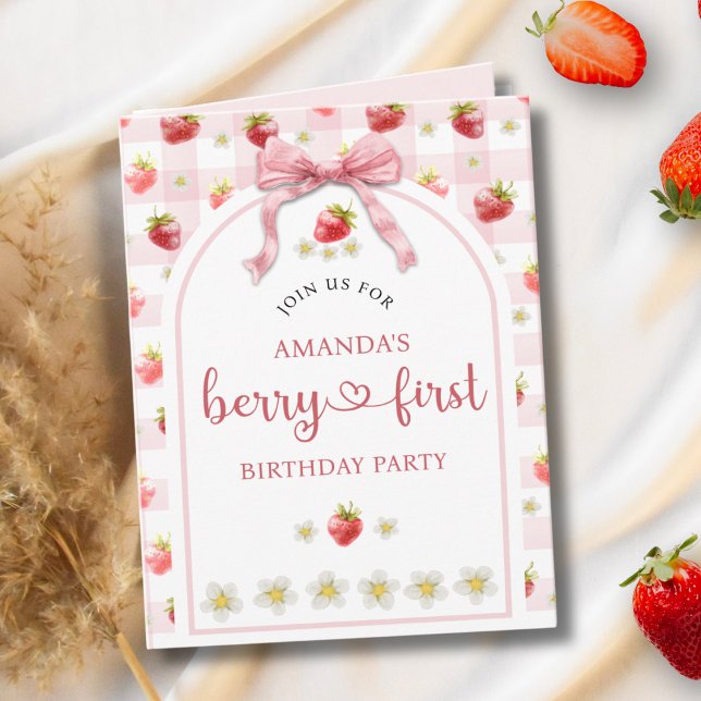  Watercolor Berry First 1st Strawberry Birthday Invitation (Creator Uploaded)