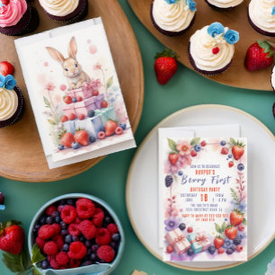 Watercolor Berry First Birthday with Bunny  Invitation