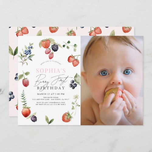 Watercolor Berry First Girl 1st Birthday Photo Invitation