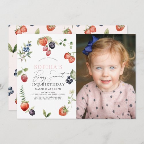 Watercolor Berry First Girl Birthday Photo Invitation