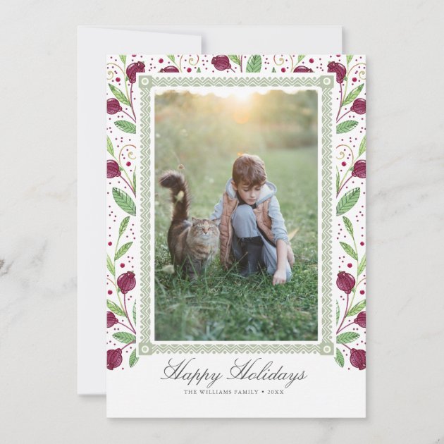 Watercolor Berry Frame Happy Holidays Photo Holiday Card