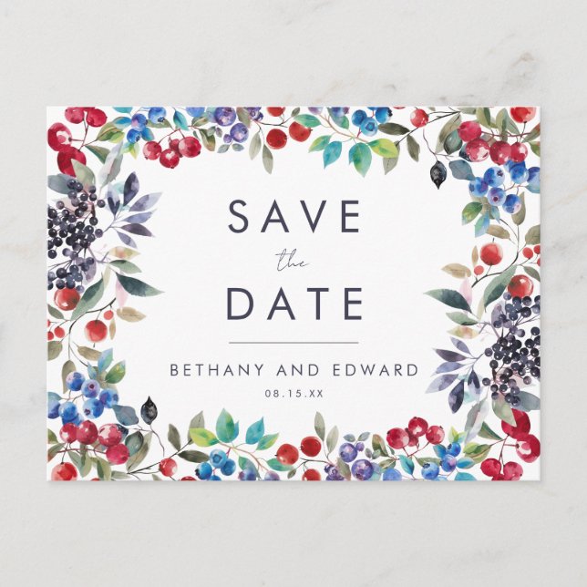 Watercolor Berry Summer Wedding Save the Date Invitation Postcard (Front)