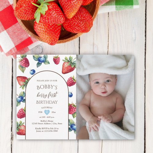 Watercolor Berry Sweet Berry First Birthday Photo Invitation