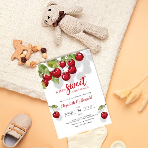 Watercolor Berry Sweet Cherry Baby Shower Invitation