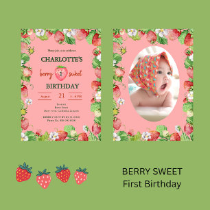 watercolor berry sweet first girls birthday photo invitation