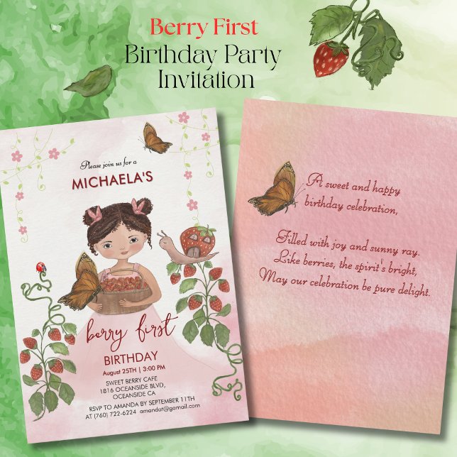 Watercolor 'Berry Sweet' Girl First Birthday Invitation (Watercolor 'Berry Sweet' Girl First Birthday Invitation)