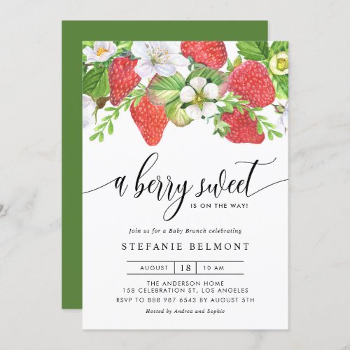 Watercolor Berry Sweet Strawberries Baby Brunch Invitation