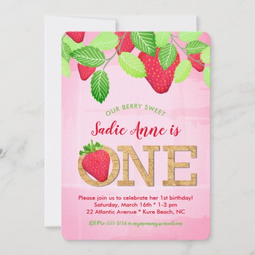 Watercolor Berry Sweet Strawberry 1st Birthday Invitation