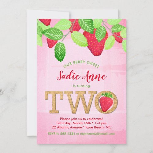 Watercolor Berry Sweet Strawberry 2nd Birthday Invitation