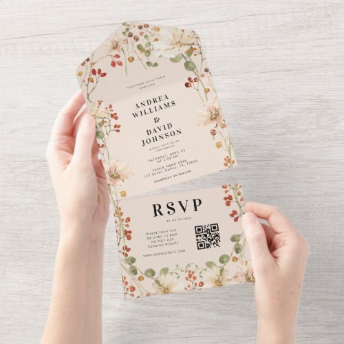 Watercolor Berry Wildflower Spring QR Code Wedding All In One Invitation