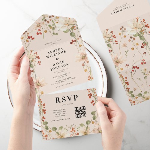 Watercolor Berry Wildflower Spring QR Code Wedding All In One Invitation