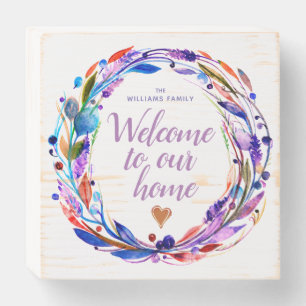 Watercolor Berry Wreath Welcome Wood Box Sign