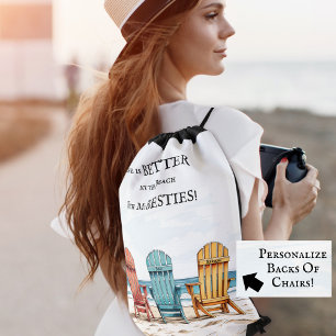 Watercolor Besties Beach Chairs Personalized Drawstring Bag