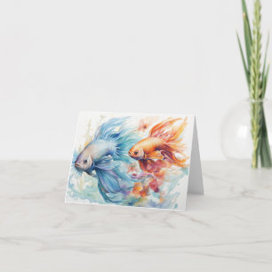 Watercolor Beta Fish Blue & Orange Blank Note Card