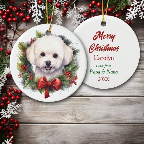 Watercolor Bichon Frise Dog Red Bow Wreath Ceramic Ornament