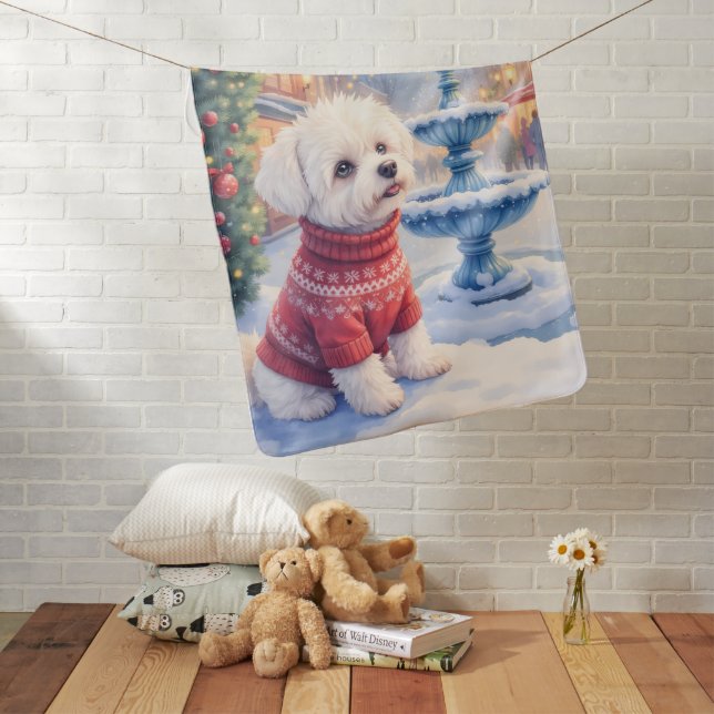 Watercolor Bichon Frise Festive Fountain Christmas Baby Blanket (In Situ)