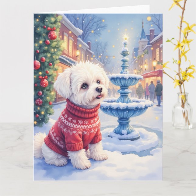 Watercolor Bichon Frise Festive Fountain Christmas Card (Yellow Flower)