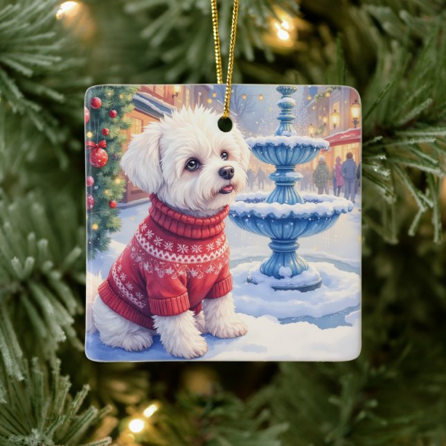 Watercolor Bichon Frise Festive Fountain Christmas Ceramic Ornament (Tree)