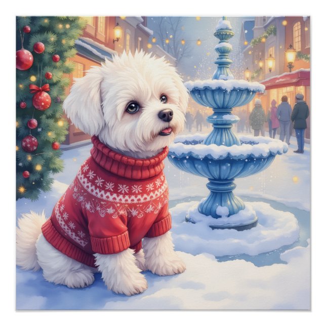 Watercolor Bichon Frise Festive Fountain Christmas Poster (Front)
