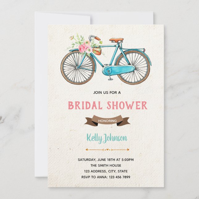 Watercolor bicycle bridal shower invitation (Front)