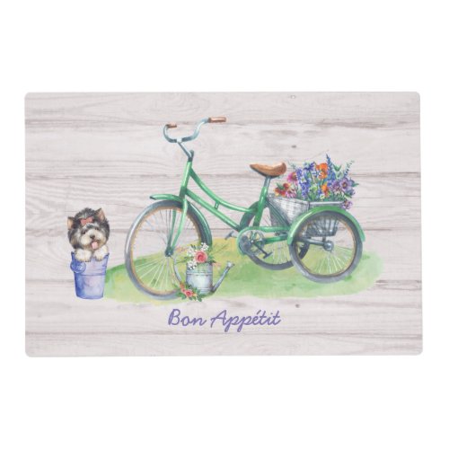 Watercolor Bicycle Country Flowers  Cute Yorkie Placemat