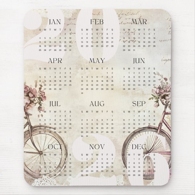 Watercolor Bicycle Floral Color Year Calendar 2026 Mouse Pad (Front)