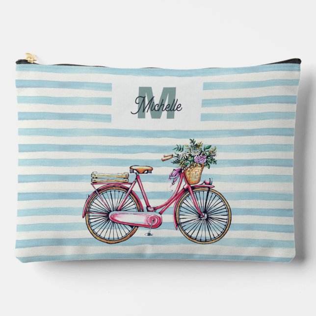 Watercolor Bicycle Pretty Striped Personalised Accessory Pouch (Front)