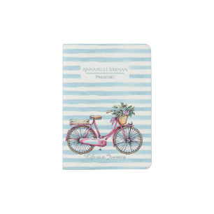 Watercolor Bicycle Pretty Striped Personalised Passport Holder